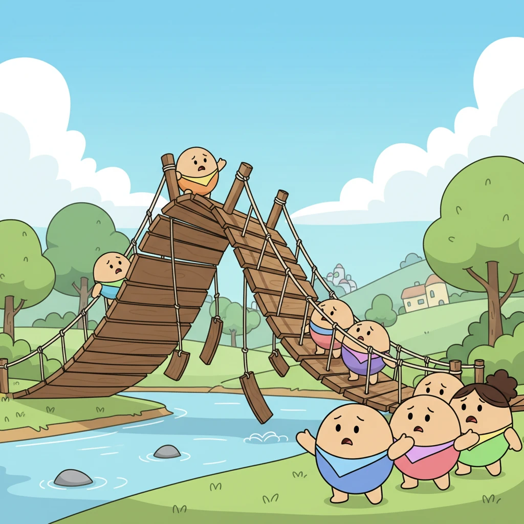 One afternoon, a wobbly bridge in Wobbleton started to sag, and the round villagers couldn't figure out how to fix it. Their rolling strength wasn't enough, and their round shapes couldn't provide the stable support needed. Everyone looked worried, wondering what to do.