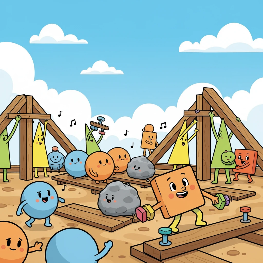 Soon, Wobbleton buzzed with activity as everyone worked side by side. The round villagers rolled large stones into place, the Triangle-folk expertly wedged in supports, and Pip, with perfect square corners, helped connect everything firmly. Laughter and teamwork filled the air.