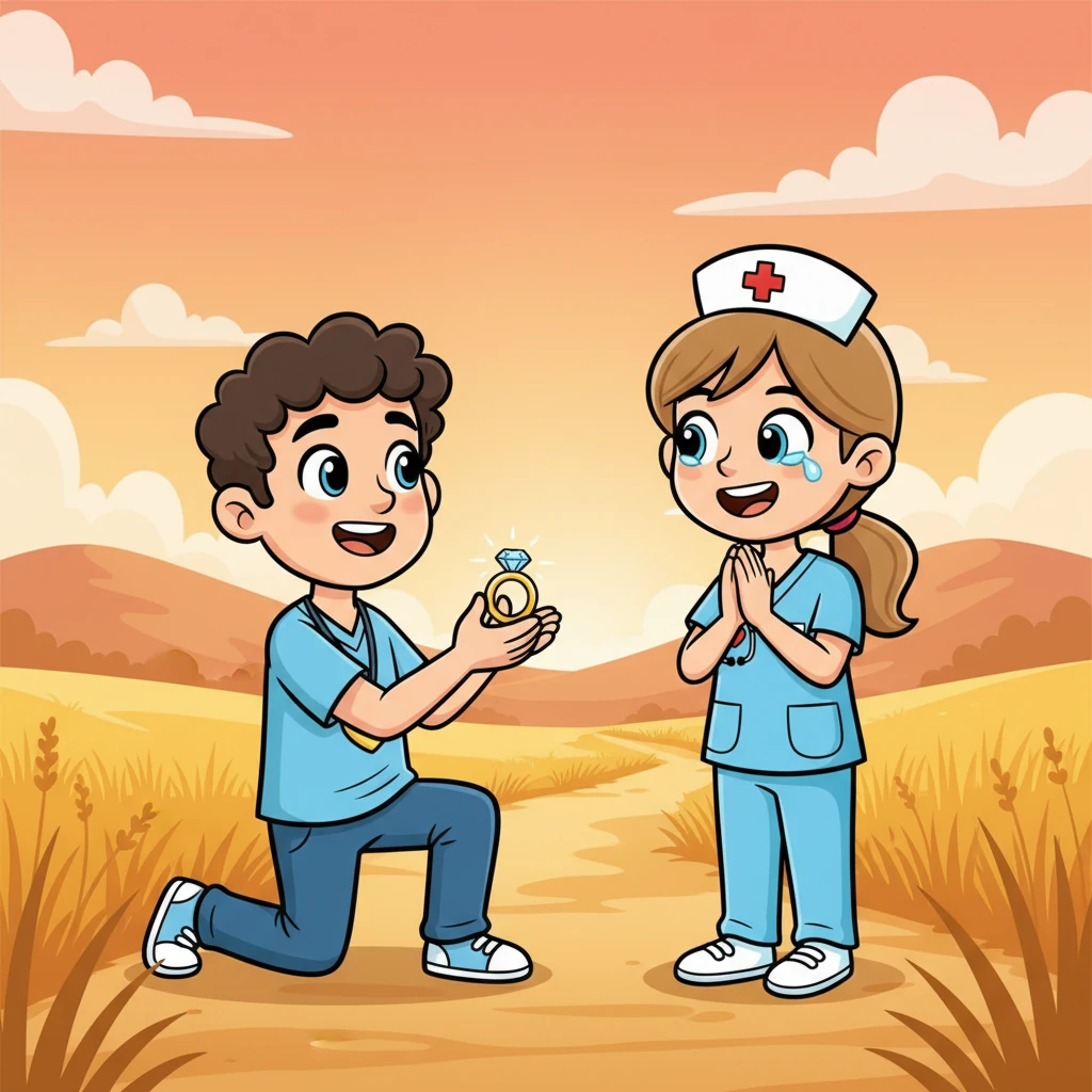 One golden evening, after a long walk, Matt knelt down, a dazzling ring in his hand and a hopeful smile on his face. Beth's eyes widened with joyful surprise, and with a happy tear, she nodded an enthusiastic "Yes!" Their hearts swelled with love, ready for their next big adventure together.