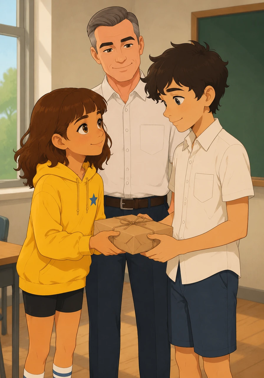 Maya tendit alors à Léo un petit paquet enveloppé de papier kraft, un cadeau d'adieu préparé en secret avec toute la classe. À l'intérieur se trouvait un carnet de croquis rempli de mots doux, de dessins et de photos de leurs plus grands moments de complicité. La jeune fille lui chuchota que la distance n'effacerait jamais les années partagées sur les bancs de l'école. Ce présent précieux redonna instantanément le sourire au jeune voyageur.