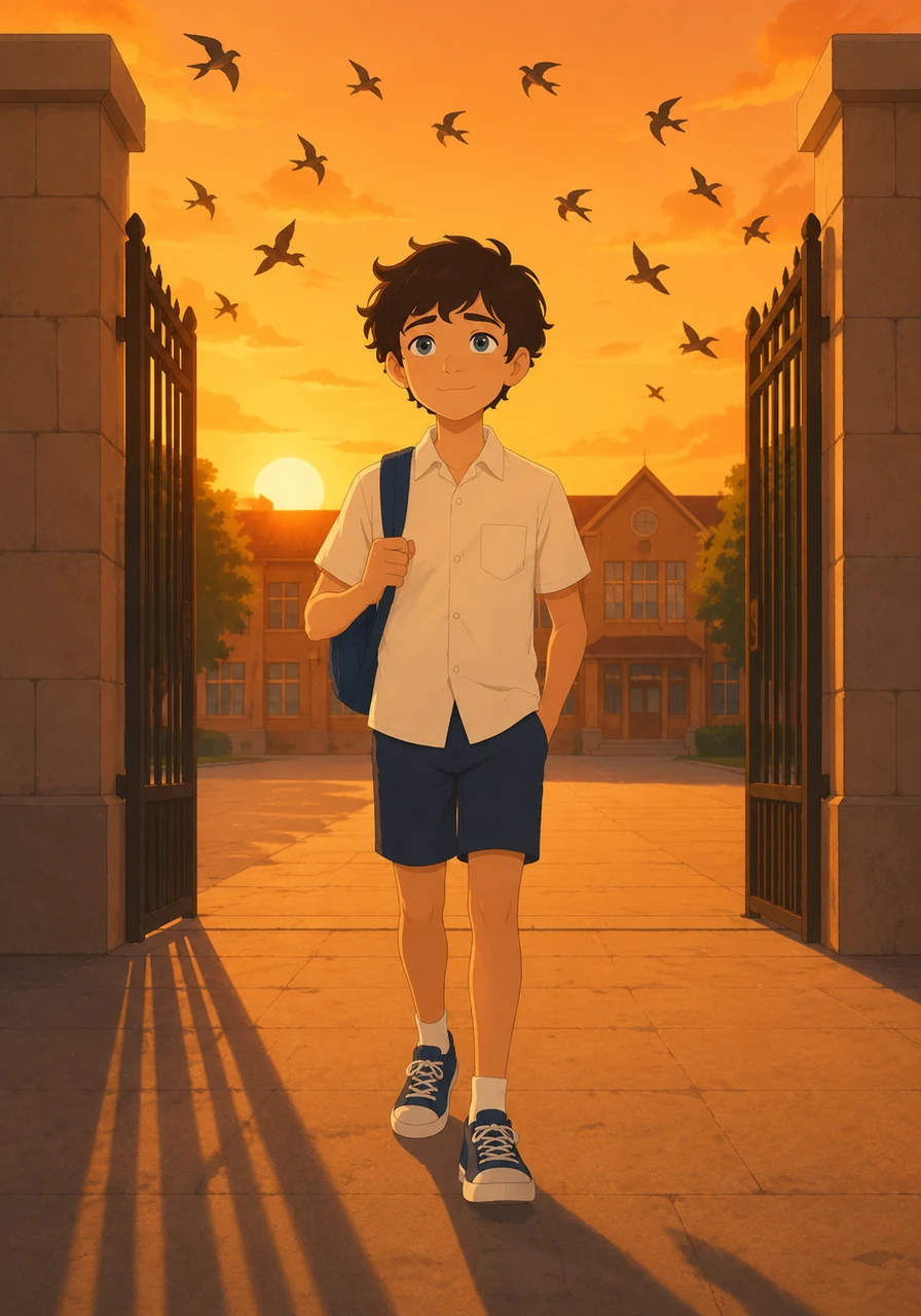 Le soleil couchant étirait les ombres dans la cour vide alors que Léo franchissait la grande grille de l'école pour la dernière fois. Un vol d'hirondelles traversa le ciel orangé, symbole de liberté et de nouveaux départs. Le garçon ne ressentait plus de peur, mais une immense gratitude pour le passé et une grande curiosité pour l'avenir. Prêt à s'envoler vers son nouveau collège, il savait que les vrais liens ne se brisaient jamais.