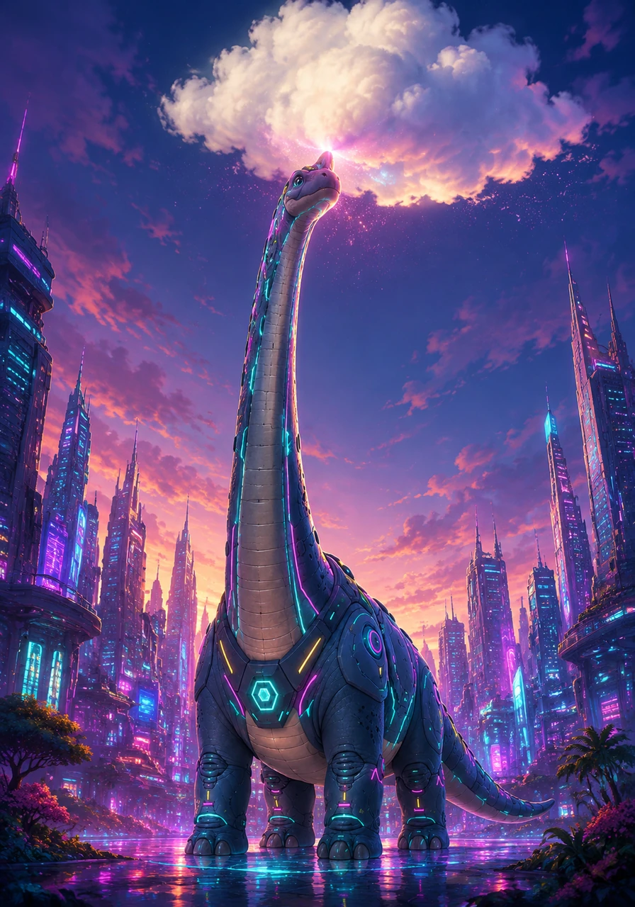 Look at the tall Brachiosaurus stretch his long, rubbery neck up to the clouds. He stretches so far that he gently tickles a passing puffy white cloud until it giggles.