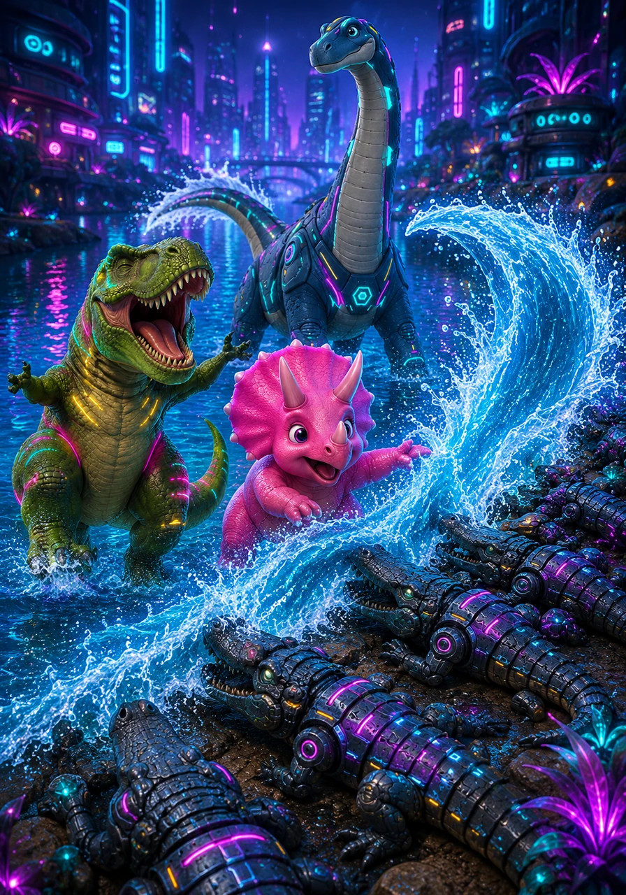 Down by the sparkling blue river, Rexy and his friends love to splash the sleepy crocodiles. They use their big tails to make giant waves that go whoosh.