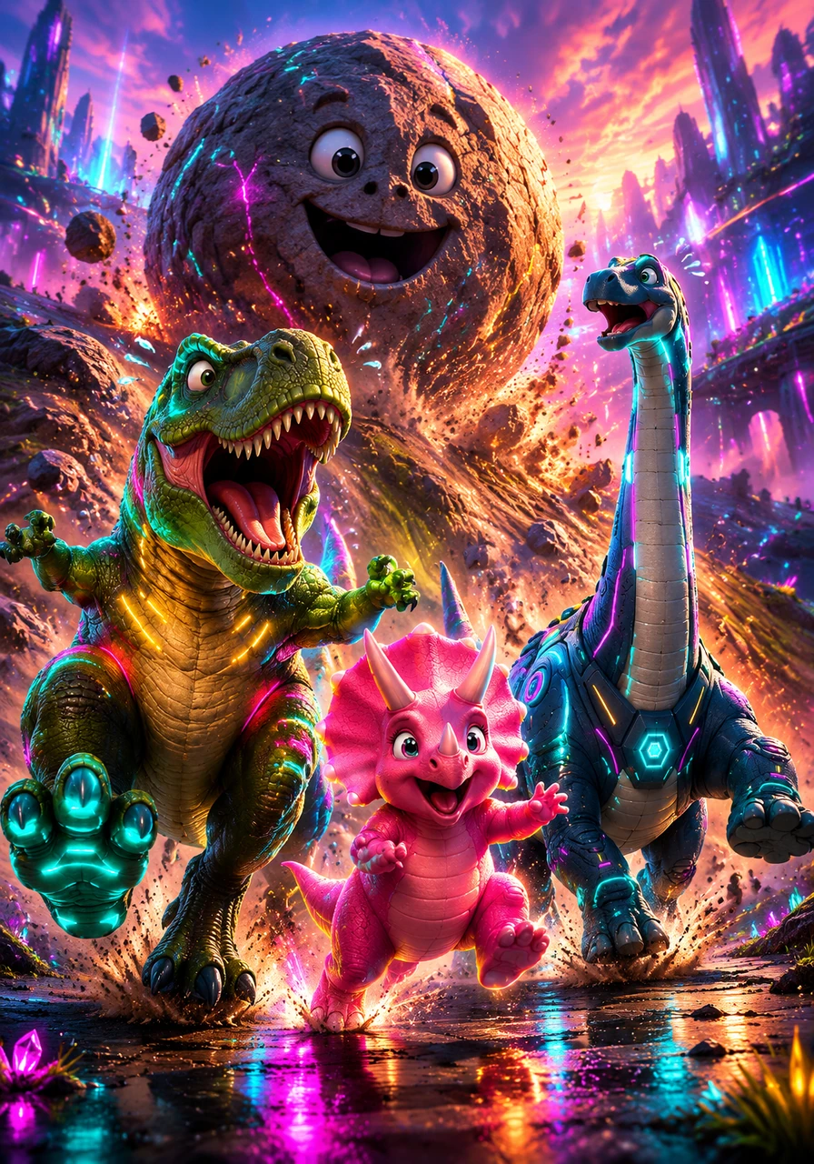 Oh no, it is time to run! The silly dinosaurs sprint across the valley because a giant, friendly rock is rolling down the hill behind them.