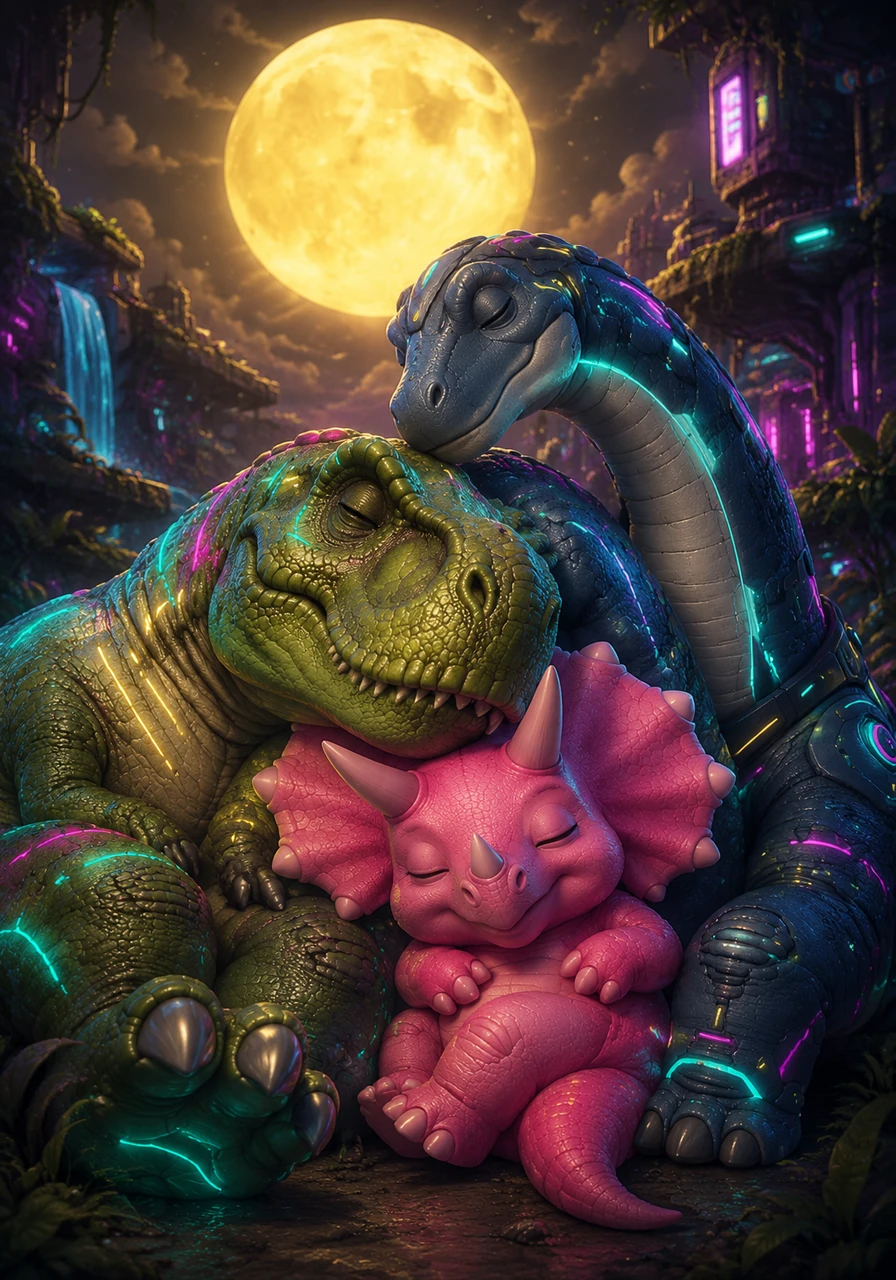 ly, the tired dinosaurs snuggle together under the glowing yellow moon. They close their eyes and dream of another day full of silly dinosaur actions.