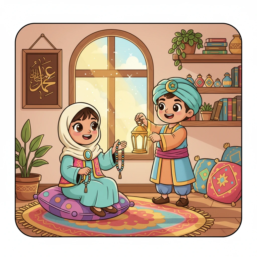 Lille Aisha sitter på en myk pute i familiens fargerike stue. Solen stråler inn gjennom et buet vindu, og luften fylles med spennende dufter. Foreldrene hennes og bestemor smiler mens de pynter og forbereder seg på en spesiell måned.