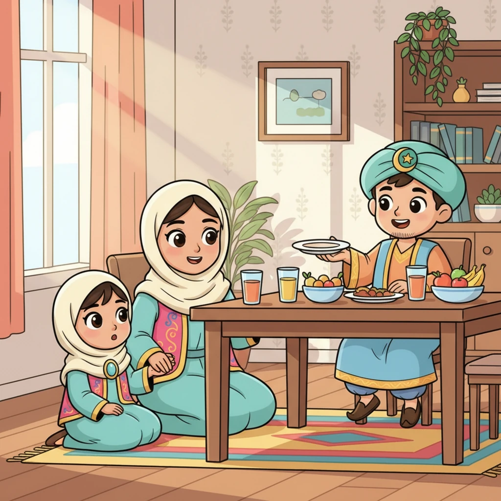 Aisha ser mamma og pappa som ikke spiser eller drikker i løpet av dagen, selv om det er deilig mat på bordet. Med store, nysgjerrige øyne spør hun hvorfor. Mamma setter seg ned med henne, tar hånden hennes og begynner å forklare med en varm stemme.