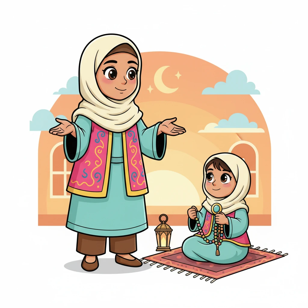 Mamma forteller at Ramadan er en hellig måned hvor voksne faster fra soloppgang til solnedgang. Det betyr ingen mat eller drikke når solen er oppe. Det er en tid for refleksjon og takknemlighet.