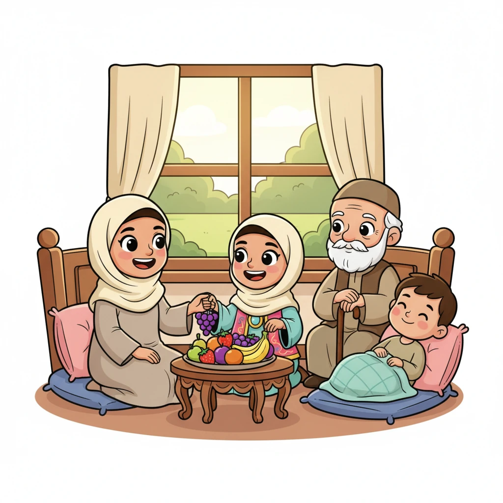 Mamma forklarer videre at små barn som Aisha, de som er syke, eller de som er gamle og svake, ikke skal faste. Det er viktig å ta vare på kroppen sin. Aisha smiler lettet, glad for at hun fortsatt kan spise sine favorittfrukter.