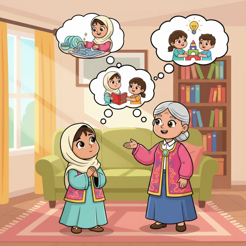 Aisha lurer på hva hun da kan gjøre for å være med på Ramadan. Mamma foreslår at hun kan gjøre ekstra mange gode gjerninger, hjelpe til hjemme, lære nye ting og være ekstra snill mot alle.