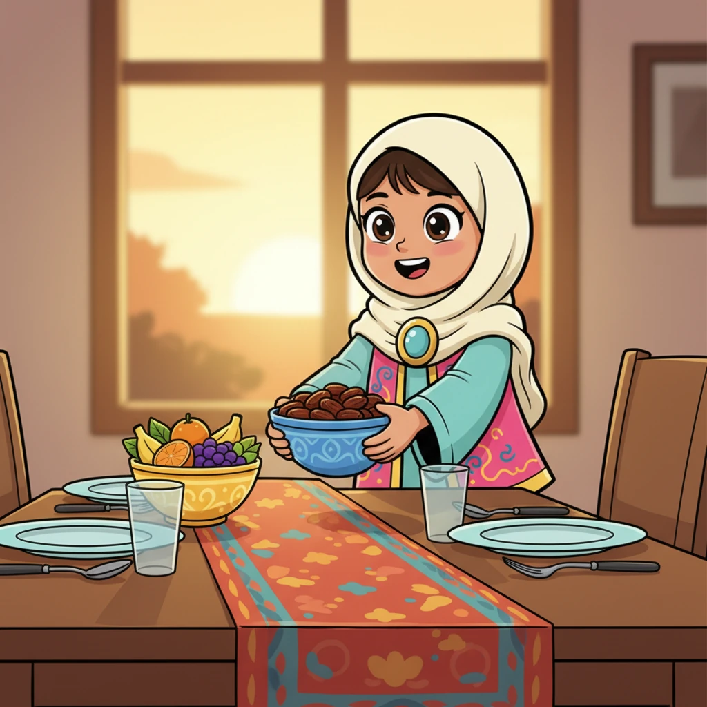 Med iver hjelper Aisha til med å dekke bordet før Iftar, måltidet når fasten brytes ved solnedgang. Hun plasserer fargerike skåler med dadler og saftige frukter, og føler seg som en viktig del av familiens forberedelser.