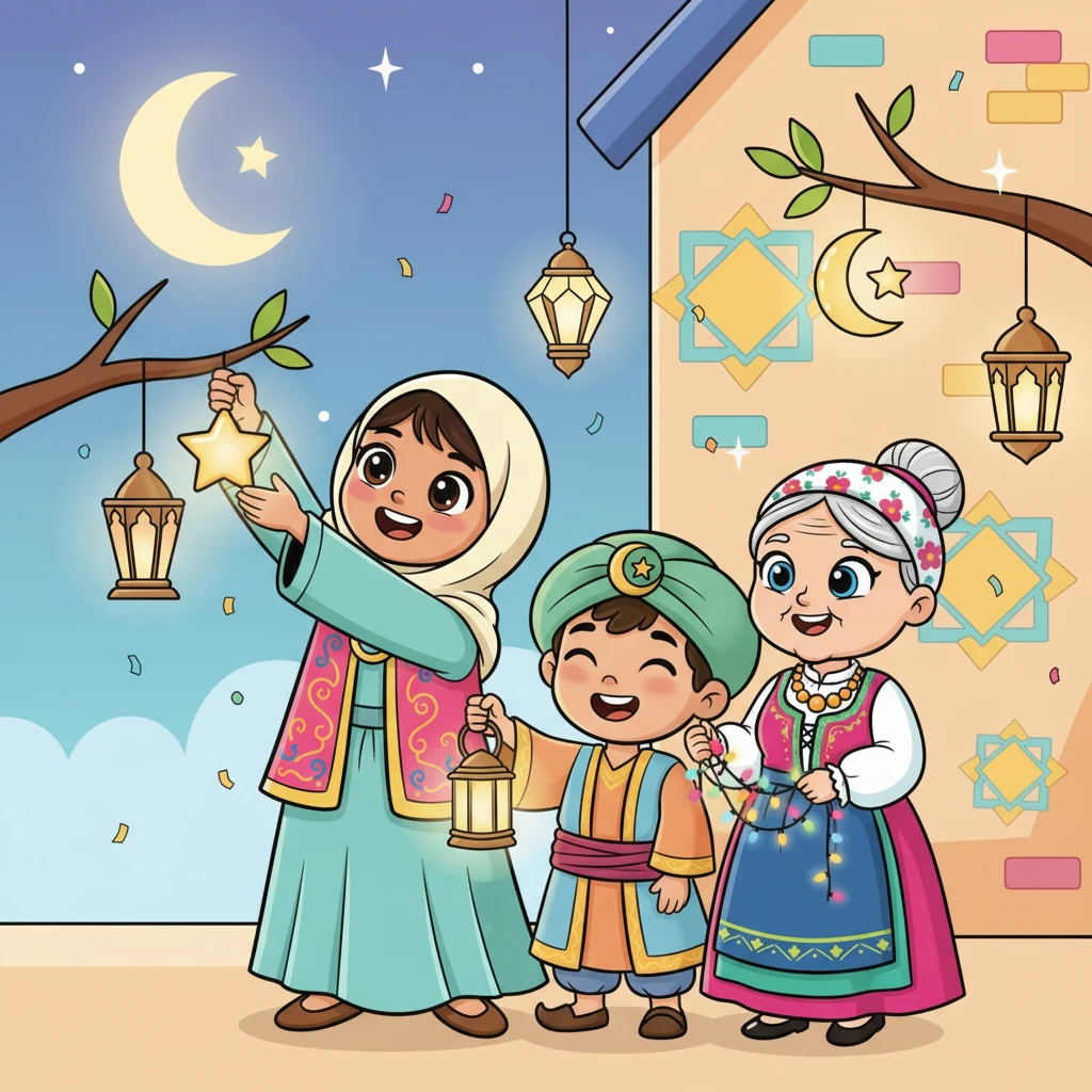 Dagene flyr, og snart er de siste dagene av Ramadan her. Hele familien er fylt med en boblende forventning. De henger opp glitrende lanterner og pynter huset for den kommende feiringen.