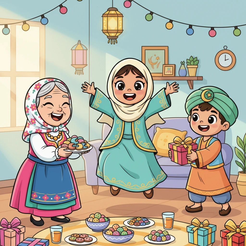 Endelig er det Eid al-Fitr! Aisha våkner til en dag fylt med latter og glede. Hun får nye klær, mottar gaver og spiser de deiligste rettene sammen med familie og venner. Det er en dag for å feire, dele og takke.