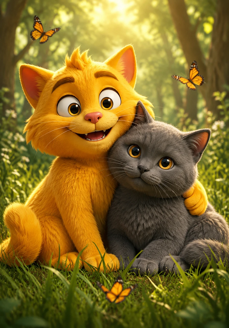 In the heart of the sun-drenched Whispering Woods lived two inseparable feline friends. Goldie was a cheerful cat with fur as bright as morning sunshine, while Rainie was a calm, thoughtful cat with a coat like soft autumn rainclouds. Together, they spent their days chasing butterflies and napping in the tall, warm grass.