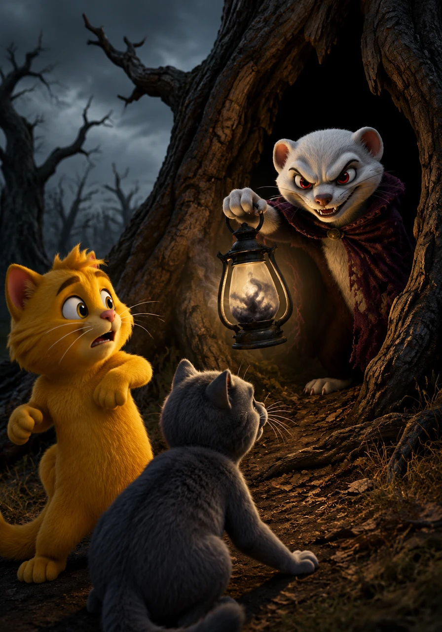 Their peaceful life was interrupted one chilly afternoon when a sinister shadow crept over the woods. Out from the hollow of a dead oak tree stepped Barnaby, a greedy, red-eyed ferret wearing a tattered velvet cloak. Barnaby hated happiness and warmth, and he carried a magical, smoky lantern capable of trapping the forest's light.