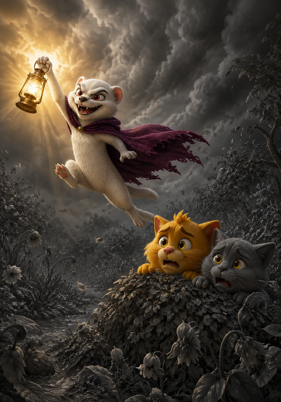 With a wicked laugh, Barnaby waved his lantern, sucking the golden sunlight right out of the sky and locking it away. The vibrant forest instantly turned grey, cold, and eerie, causing the birds to stop singing and the flowers to droop. Goldie and Rainie watched in horror from behind a bush as the villain leaped away, chuckling at his dark deed.