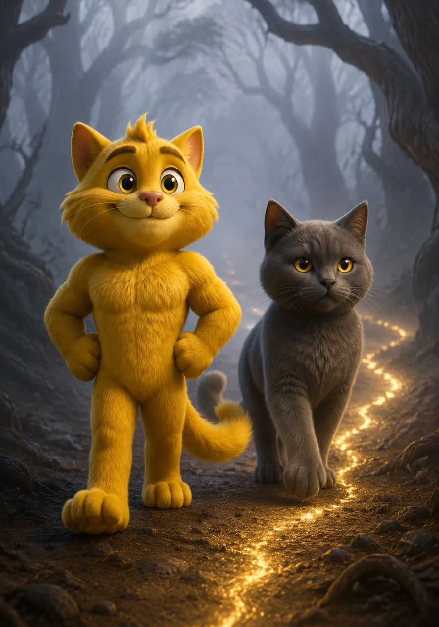 Goldie puffed out his chest, his golden fur bristling with determination as he declared they had to save their home. Rainie, flicking his ears thoughtfully, agreed and suggested they follow the faint, glowing trail of leaked light Barnaby left behind. Side by side, the courageous duo marched into the deepening, foggy gloom of the altered woods.