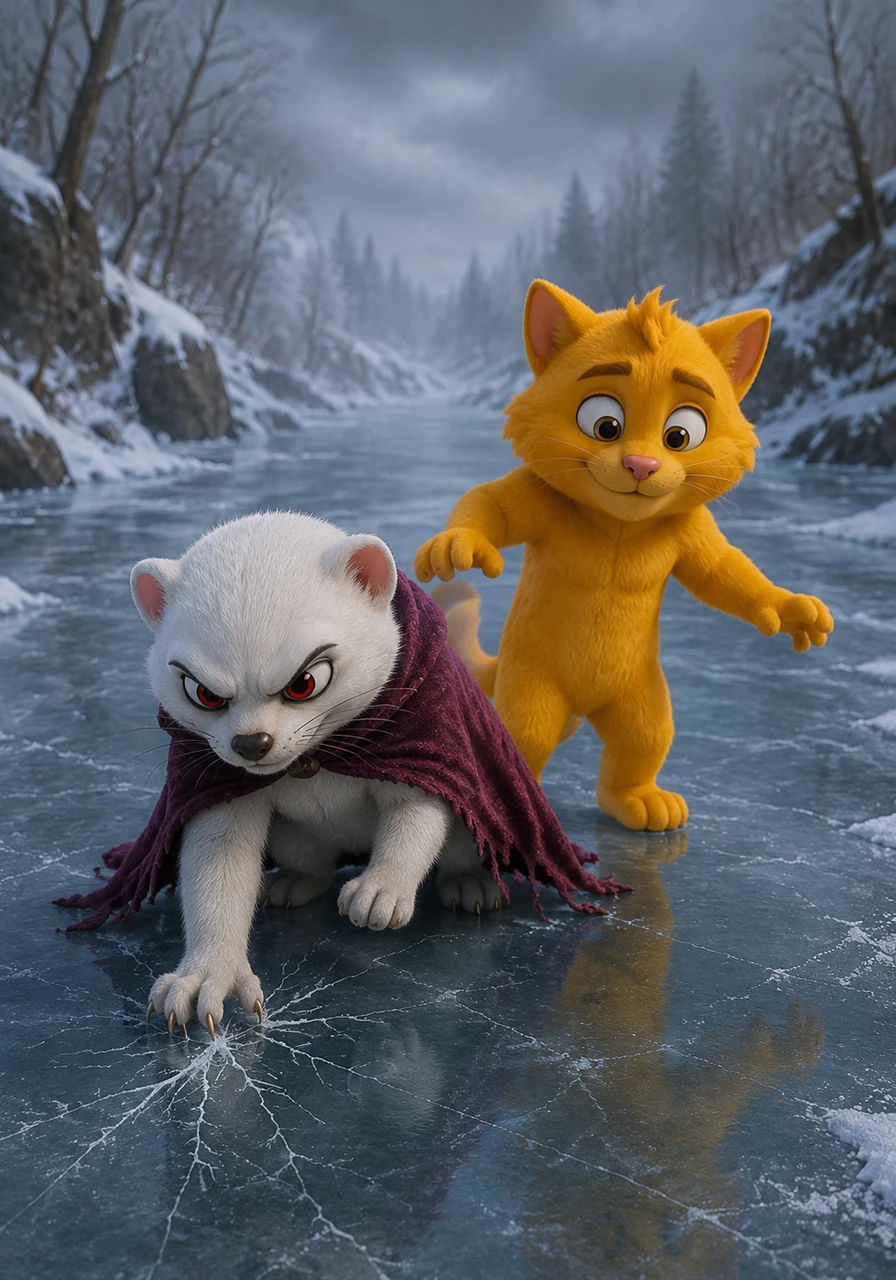 Their journey led them to the Whispering River, which had frozen into slick, treacherous ice due to Barnaby's spell. Rainie used his sharp claws and low, careful stance to test the ice, guiding a hesitant Goldie safely across the slippery surface. Their teamwork kept them moving forward, refusing to let the biting cold freeze their spirits.