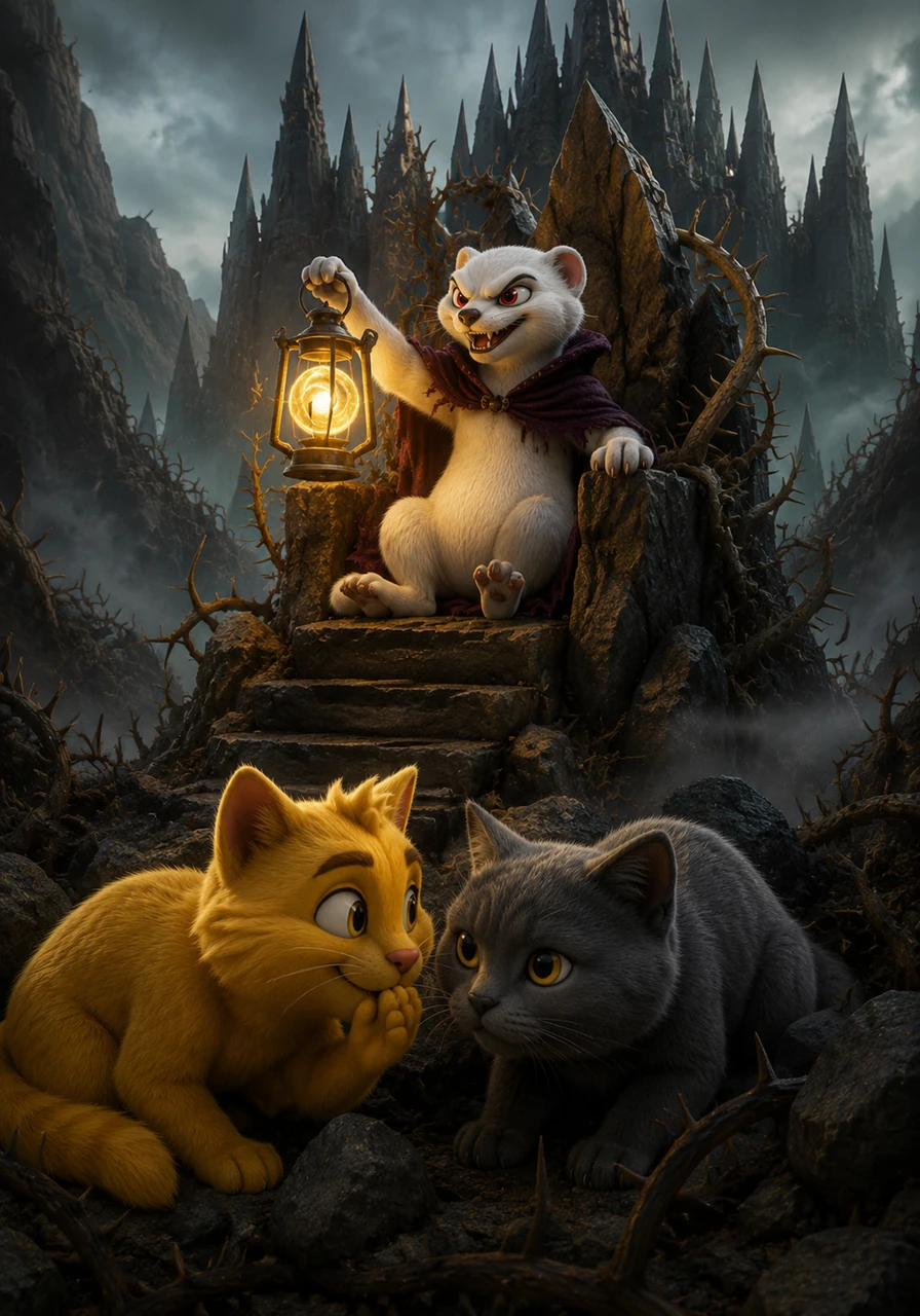 Deep in the misty valley, the cats found Barnaby's secret hideout, a jagged fortress made of sharp stones and thorny briars. The greedy ferret sat on a rocky throne, admiring the stolen sunlight swirling inside his lantern. Goldie and Rainie whispered a quick plan, knowing they had to be both brave and clever to outsmart the villain.