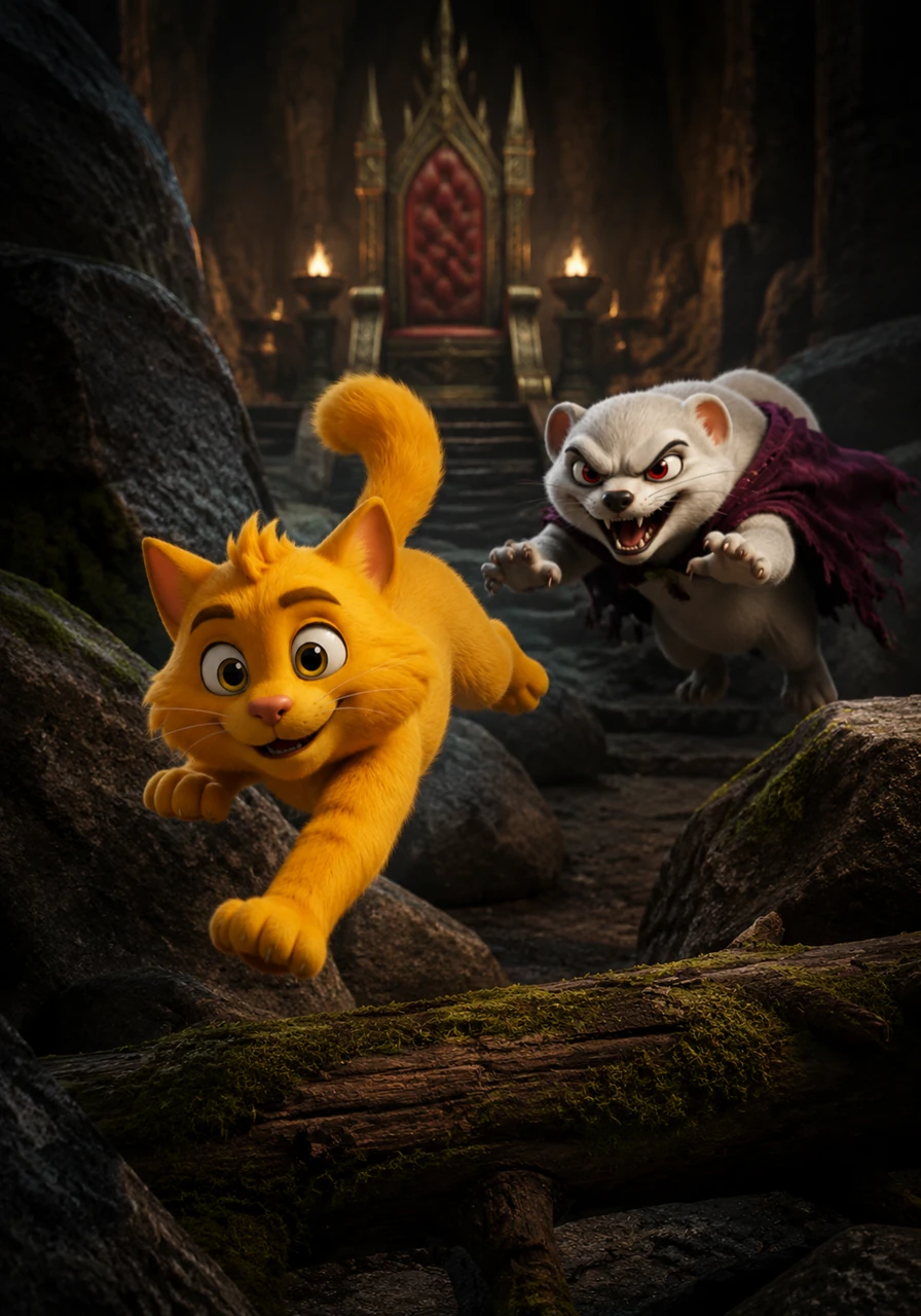 Goldie leaped out of the shadows first, acting as a bright, fast-moving distraction to draw Barnaby away from the throne. The golden cat darted between rocks and leaped over logs, leading the furious, shouting ferret on a wild goose chase. Barnaby lunged frantically, completely distracted by Goldie's dazzling, energetic movements.