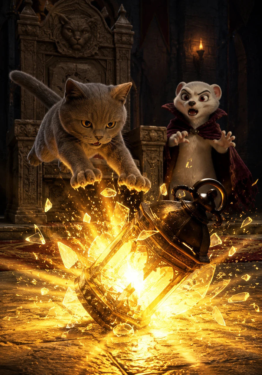 While Barnaby was occupied, Rainie crept silently like a shadow behind the throne where the lantern sat. With a precise, powerful leap, the grey cat struck the lantern with his paws, knocking it to the stone floor. The glass shattered with a loud crack, and a brilliant wave of warm, golden light began to pour out.