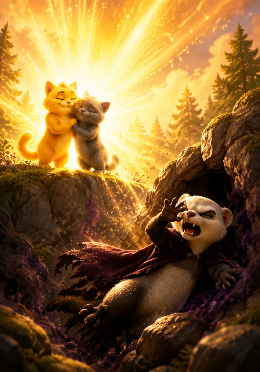 The sudden burst of blinding light overwhelmed Barnaby, who shrieked and shielded his eyes, terrified of the warmth. Realizing his dark magic was broken, the defeated ferret scrambled into a deep crevice in the rocks, fleeing the forest forever. Goldie and Rainie shared a joyful nuzzle as the stolen light rushed back to the sky.