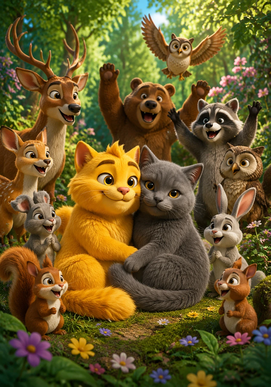 Warmth and color flooded back into the Whispering Woods, making the leaves green and the flowers bloom once more. The grateful forest animals gathered to cheer for the two brave cats who had saved the day. Goldie and Rainie curled up together under the bright afternoon sun, knowing that no shadow could ever overcome their friendship.