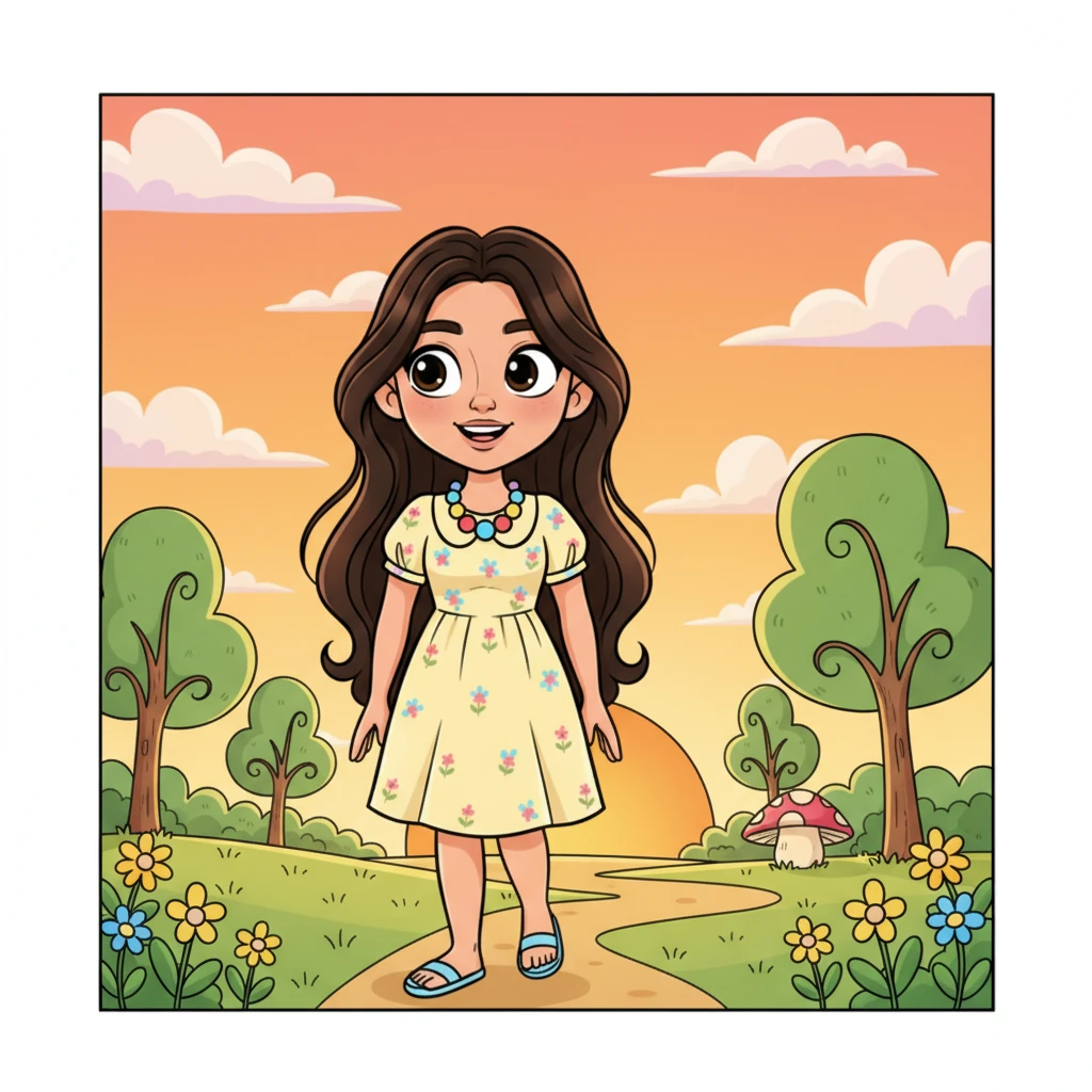 Isabella, with her long, flowing dark hair and an elegant, natural style, strolls through a vibrant park. The setting sun casts a cheerful golden glow, painting the fluffy cartoon clouds in hues of orange and pink. Her eyes, wide with curiosity, scan the lively surroundings.