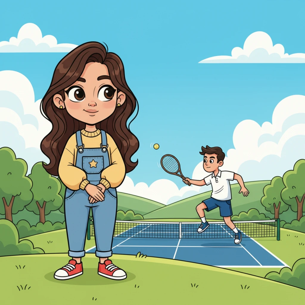 Her gaze lands on a tennis court in the distance, where a man with an athletic build is energetically playing. He moves with exaggerated grace, his short, neatly parted dark hair bouncing slightly with each powerful swing. Isabella's expression shifts to one of playful intrigue, a small, subtle smile forming.