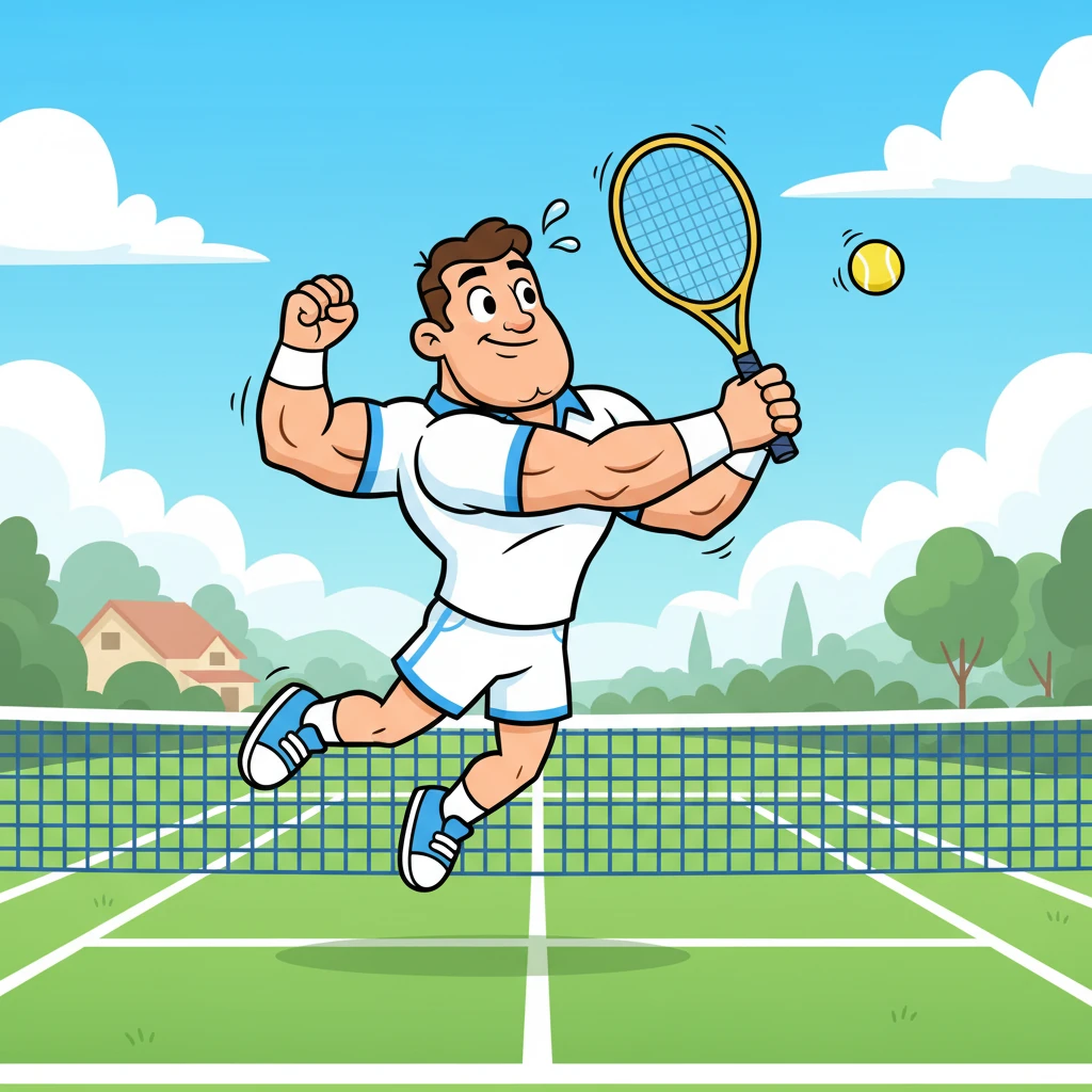 The man, Marco, serves with a grand, dynamic motion, his racket a blur of motion. His white tennis shirt and shorts are crisp, showing off his broad, cartoonishly strong shoulders. A tiny sweat drop flies playfully from his brow as he concentrates with an intense, yet friendly, focus.