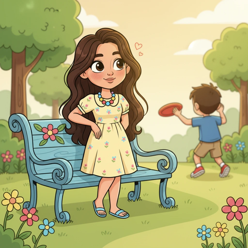 Isabella leans slightly against a whimsical park bench, a soft, golden light highlighting her thoughtful face. Her heart does a little cartoon flip-flop as she watches Marco's captivating movements. A gentle, rosy blush appears on her cheeks, adding to her charming expression.