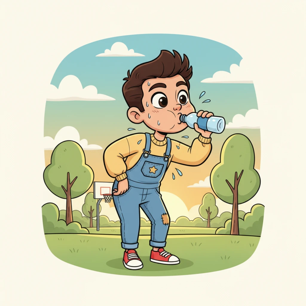 Marco finishes his game with a flourish, his chest heaving slightly in a comical, exaggerated way. He grabs a water bottle, taking a big gulp, then casually glances around the park. His eyes, bright and friendly, search the area, almost as if he senses someone watching.