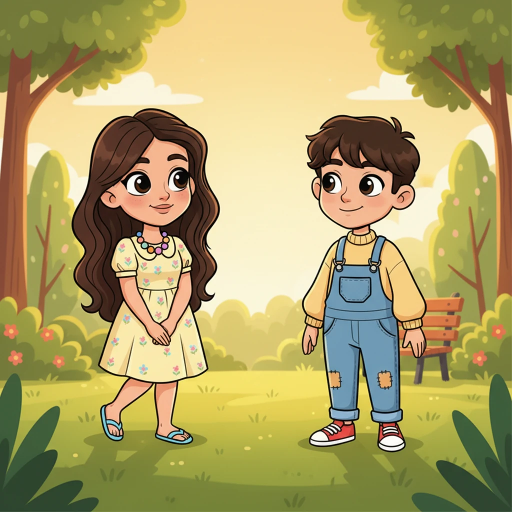 Their eyes meet across the golden-lit park. Isabella, caught off guard, gives a quick, shy smile, her eyes sparkling with amusement. Marco responds with a warm, easygoing grin and a friendly nod, his broad shoulders relaxing slightly.