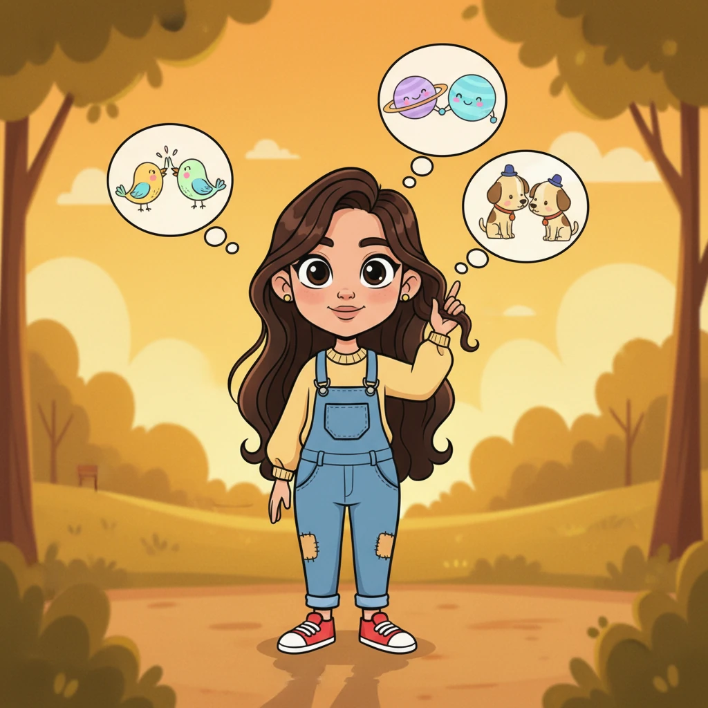 Isabella quickly pretends to adjust her hair, a playful gesture to cover her sudden shyness. Her imagination sparks with colorful little thought bubbles, picturing silly scenarios of how they might meet. The sunset glow makes everything feel warm and hopeful.