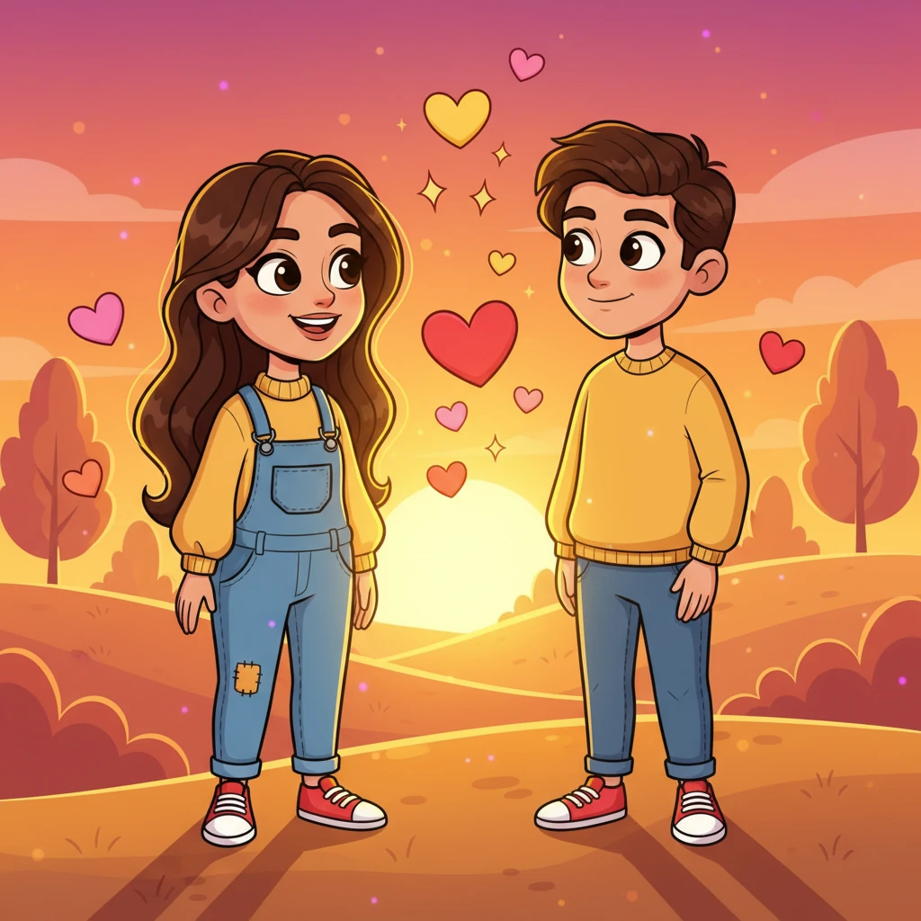Isabella returns his smile, her elegant dark hair catching the last rays of the sunset. They begin to chat easily, surrounded by the vibrant, golden light of the evening. The air around them practically sparkles with playful cartoon hearts, marking the delightful start of something new.