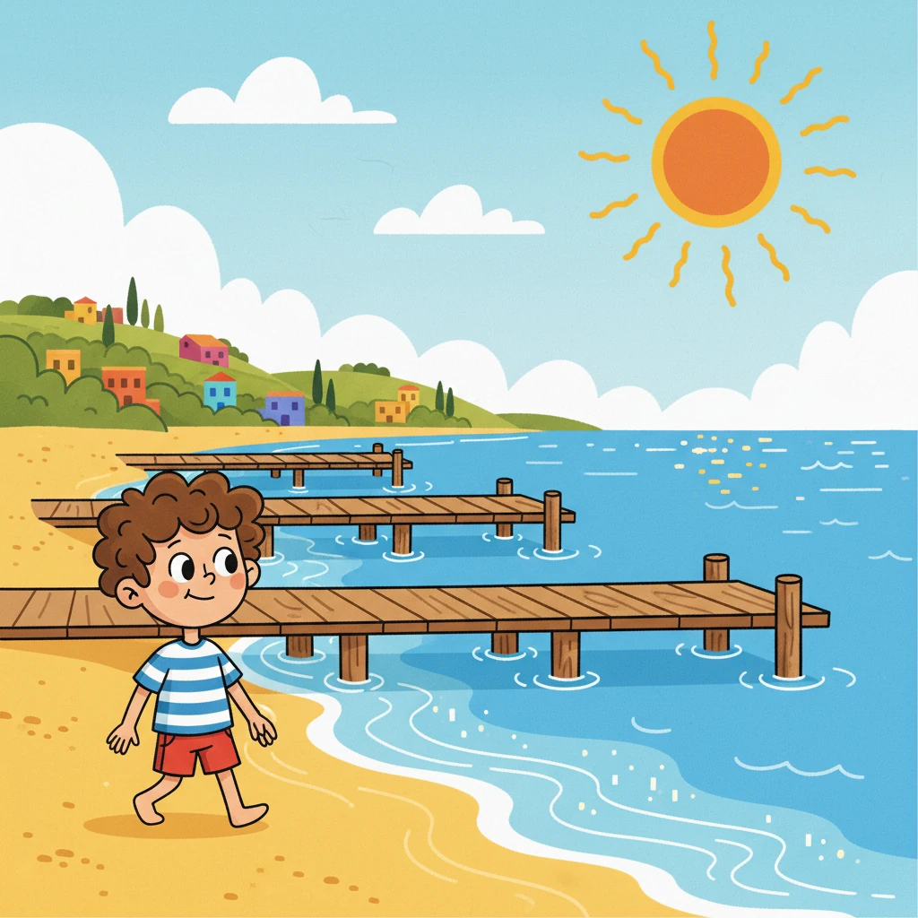 Aco strolled along the sun-kissed shores of Orbetello, the gentle waves whispering secrets to the sand. Three parallel boat docks, perfectly aligned, caught their eye, sparking a curious thought. The vibrant Tuscan light danced on the water, beckoning Aco to explore.