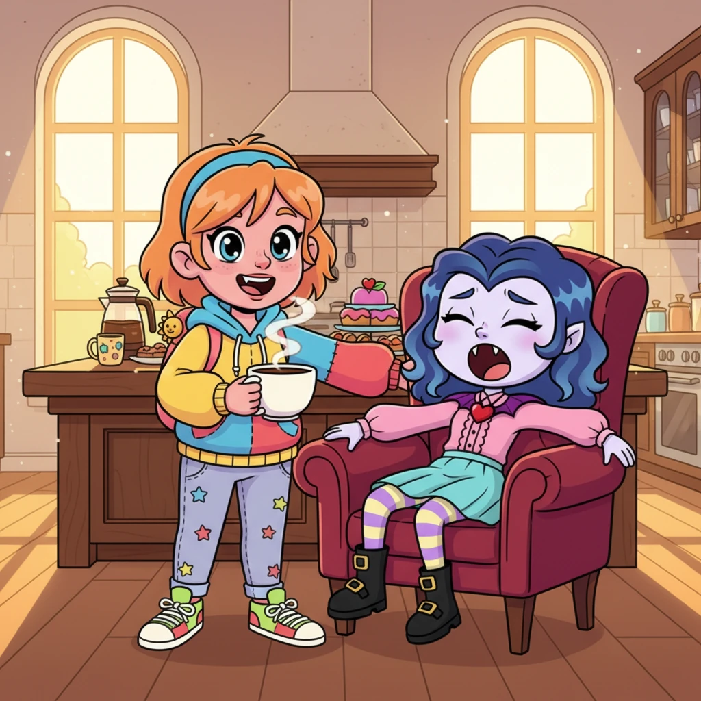 The grand, sun-drenched kitchen of their sprawling manor hums with Amber's cheerful energy, a stark contrast to Caitlyn's slow, dramatic "waking." Amber, already on her third cup of coffee, gently nudges a sleepy-eyed Caitlyn, who is dramatically draped over a velvet armchair. A playful glint in Amber's eye meets Caitlyn's exaggerated groan, a morning ritual perfected over centuries.