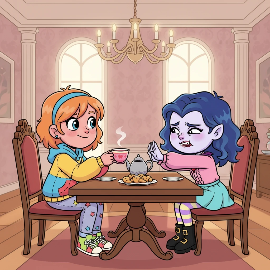 At their ornate dining table, Amber attempts to coax Caitlyn into trying a new herbal tea, meticulously prepared. Caitlyn, with a theatrical sigh, pushes away the cup, her expression a comedic mix of disdain and devotion. Their playful bickering about breakfast choices fills the room, each word laced with an unspoken history and affection.