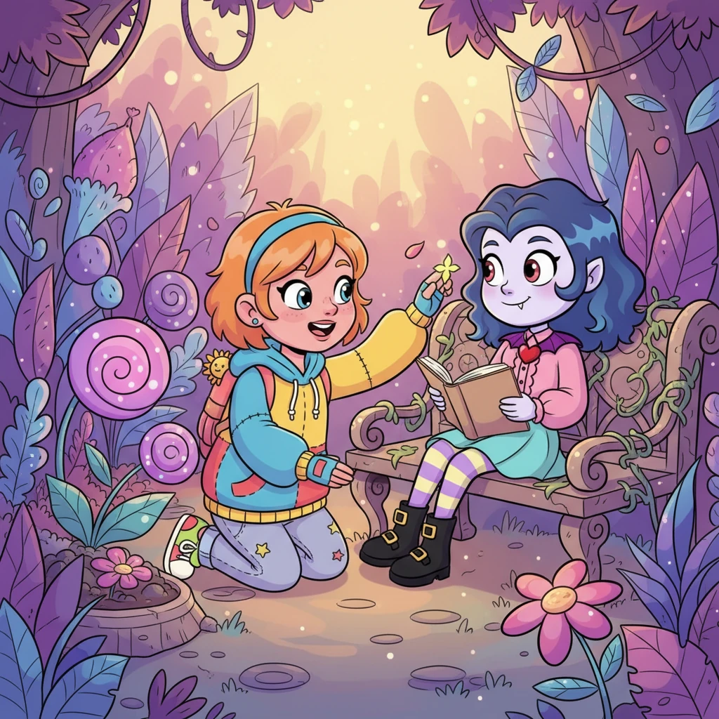 In their sprawling, overgrown secret garden, Amber meticulously tends to vibrant, fantastical flora, humming softly. Caitlyn reclines on an antique stone bench, a book held idly, her gaze fixed on Amber. A gentle breeze rustles through the leaves as Amber pauses to brush a stray petal from Caitlyn's hair, their fingers lingering for a moment too long.