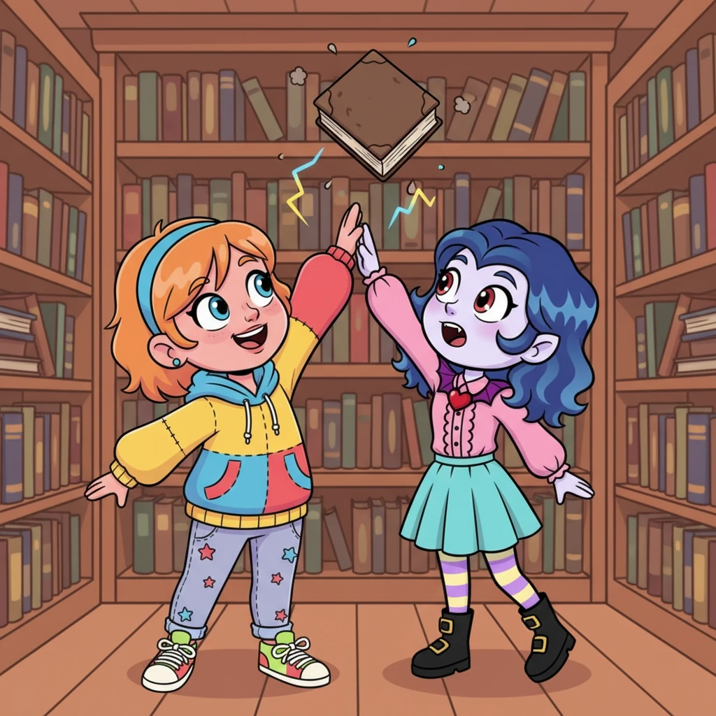 Reaching for the same dusty tome on a high shelf, their hands brush, sending a jolt through both of them. Their eyes meet, wide and vulnerable, the space between them crackling with unspoken yearning. Just as their faces draw closer, a clumsy bump of the elbow sends the book tumbling, breaking the spell with a flurry of nervous giggles.