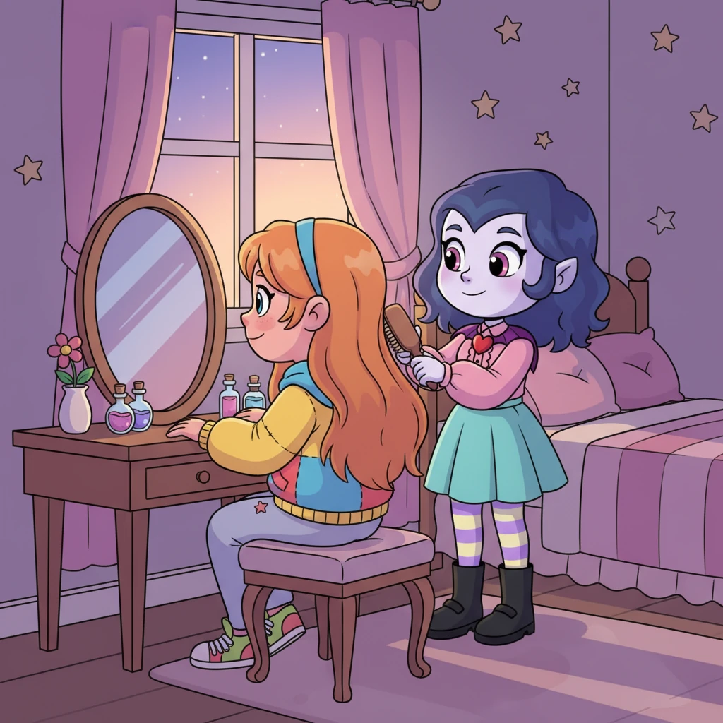 As twilight descends, Amber sits before a vanity mirror, brushing her long hair, a soft, contented sigh escaping her lips. Caitlyn, perched elegantly on the edge of the bed, watches her reflection with an intensity that borders on reverence. She rises, moving silently to Amber, and gently takes the brush, continuing the strokes with a tender, practiced hand.