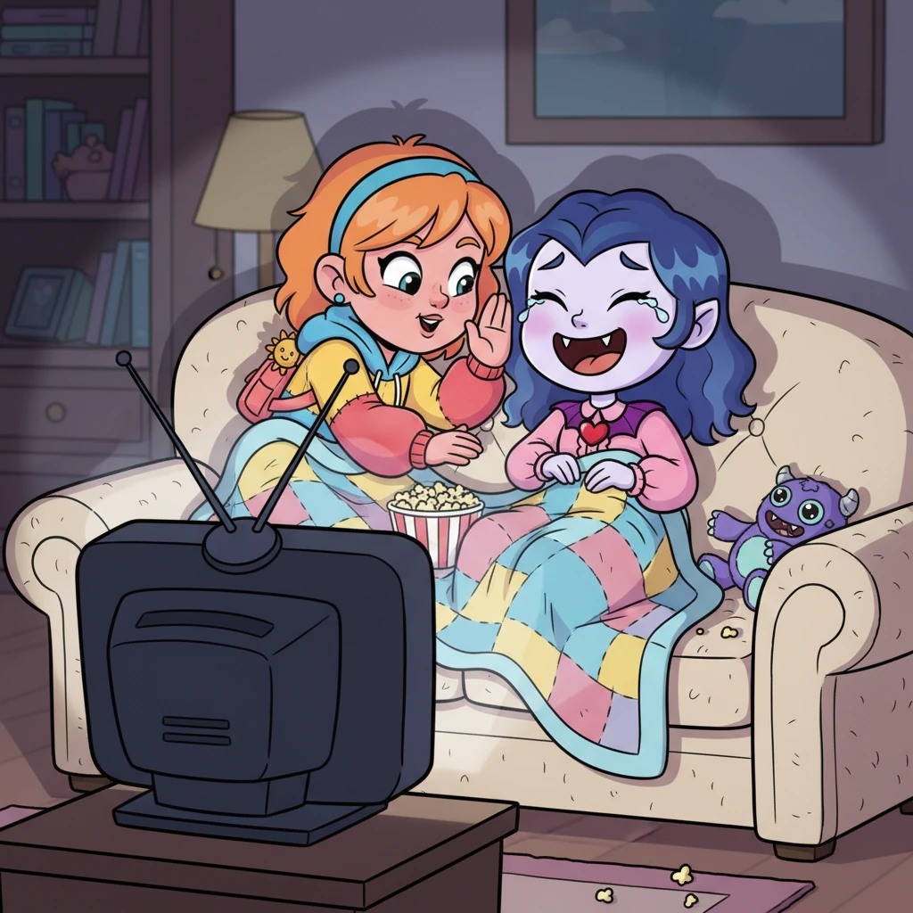 Curled up together on a plush, oversized sofa, a vintage movie flickers on a screen, casting dancing shadows across their faces. Caitlyn leans in, whispering a silly joke into Amber's ear, causing a burst of joyful laughter that reverberates through the quiet room. They are tangled in a shared blanket, their closeness a warm, undeniable truth.