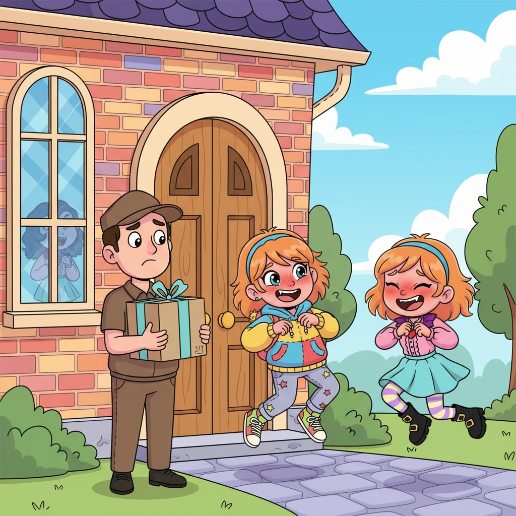 A rare, bewildered delivery person stands at their grand front door, having glimpsed Caitlyn playfully nipping at Amber's neck through a window. Both Amber and Caitlyn leap apart with comical speed, adjusting their clothes and attempting to compose themselves into "just friends" with hilariously exaggerated nonchalance. The delivery person raises an eyebrow, clearly unconvinced by their flustered performance.