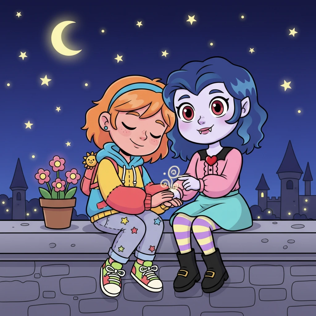 Under the velvet expanse of the night sky, they sit on their balcony, a comfortable silence stretching between them. Amber rests her head on Caitlyn's shoulder, feeling the steady thrum of her ancient heart. Caitlyn gently traces patterns on Amber's hand, a silent promise of eternity exchanged through touch and the soft glow of distant stars.