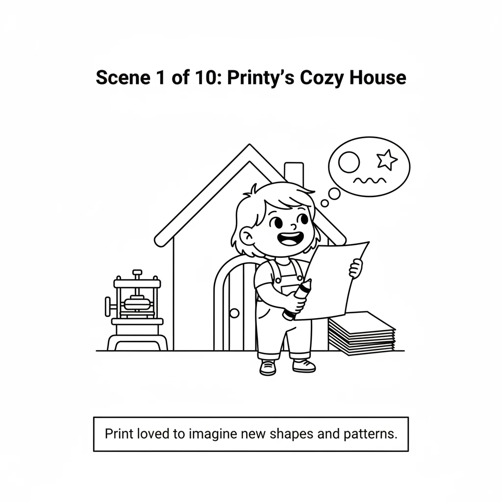 Printy lived in a cozy little house, full of blank paper and a tiny printing press. They loved to imagine new shapes and patterns. Every day was an ad