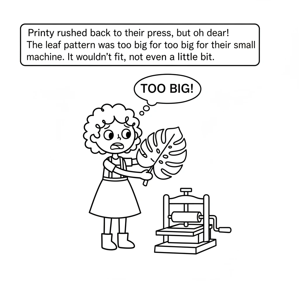 Printy rushed back to their press, but oh dear! The leaf pattern was too big for their small machine. It wouldn't fit, not even a little bit.