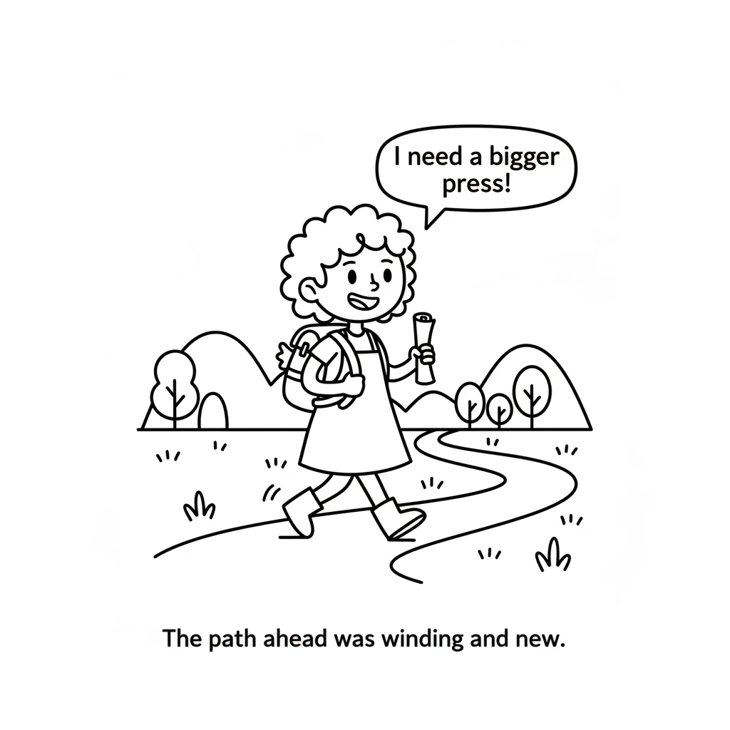 "I need a bigger press!" Printy declared with a determined smile. They packed a small bag and set off on an exciting journey. The path ahead was windi