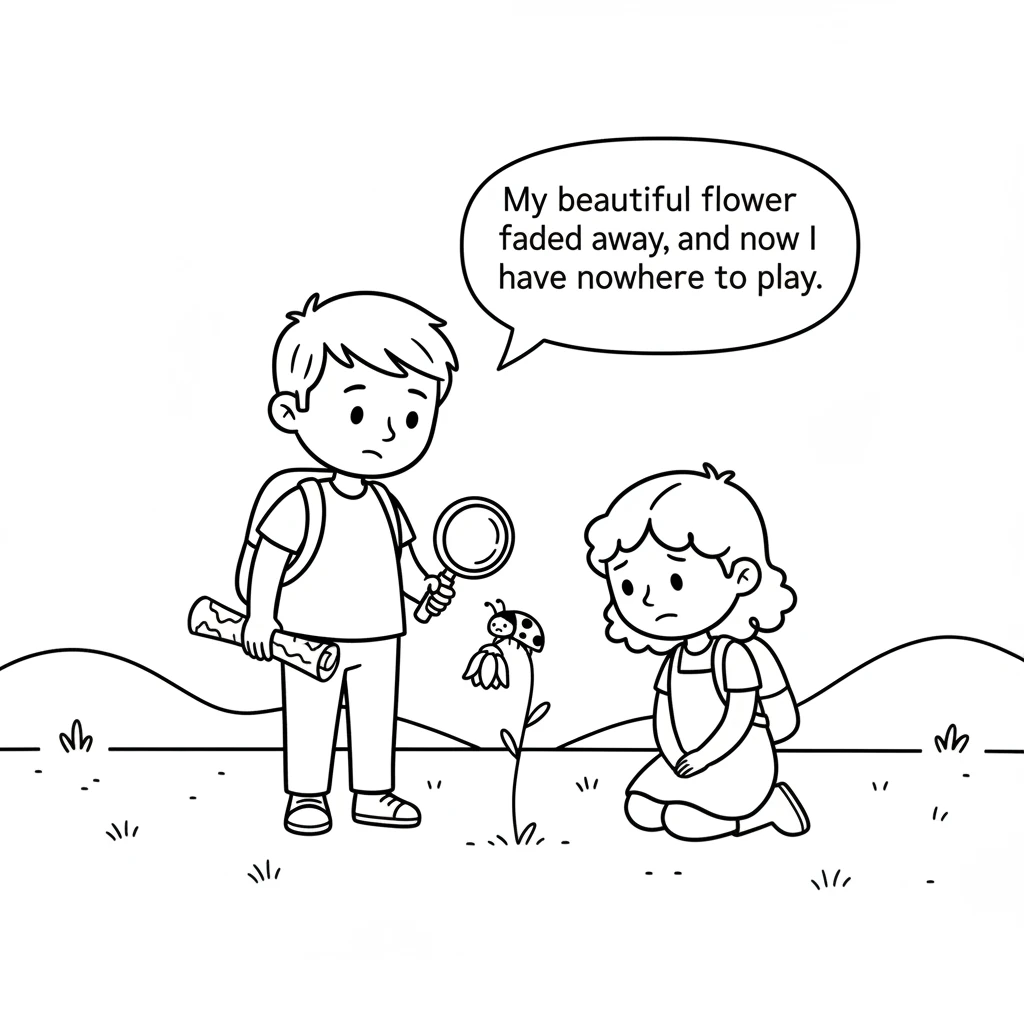 Soon, Printy met a tiny ladybug sitting sadly on a bare stem. "My beautiful flower faded away," chirped the ladybug, "and now I have nowhere to play."