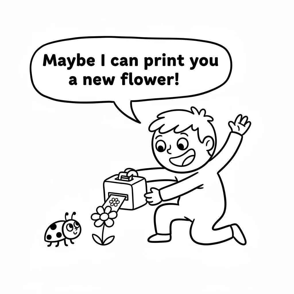 Printy had a brilliant idea! "Maybe I can print you a new flower," they exclaimed. The ladybug looked up with a glimmer of hope.