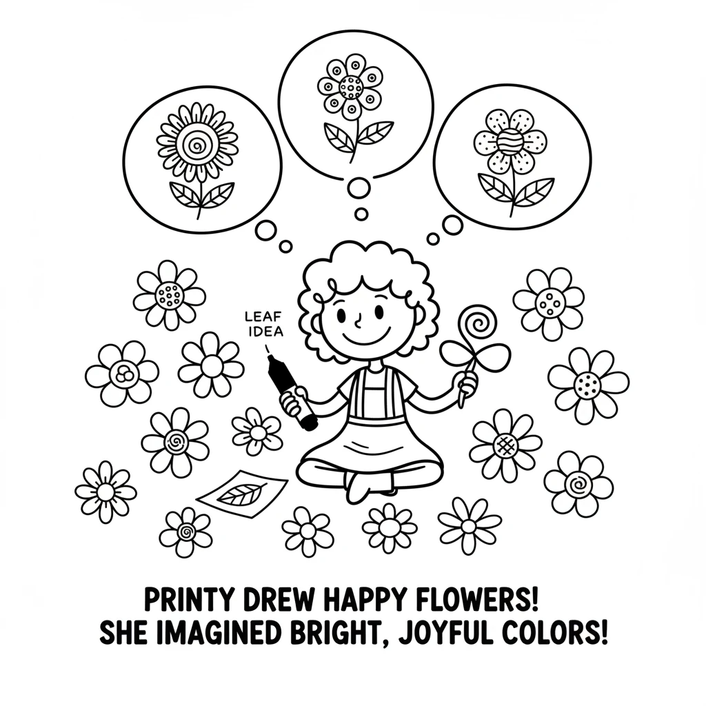 Using the swirly leaf pattern as inspiration, Printy drew many simple, happy flower designs. Each one was unique and cheerful. They imagined them in b